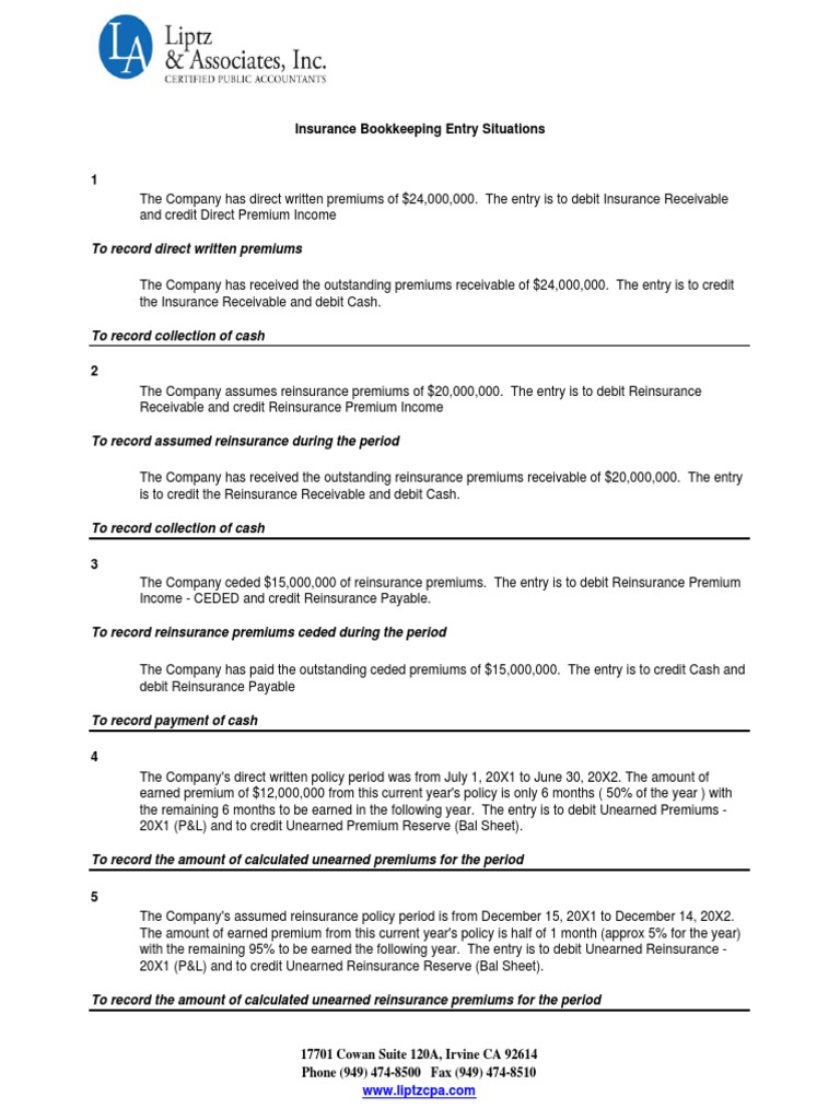 Insurance Accounting Entries and Type | PDF | Reinsurance | Debits And