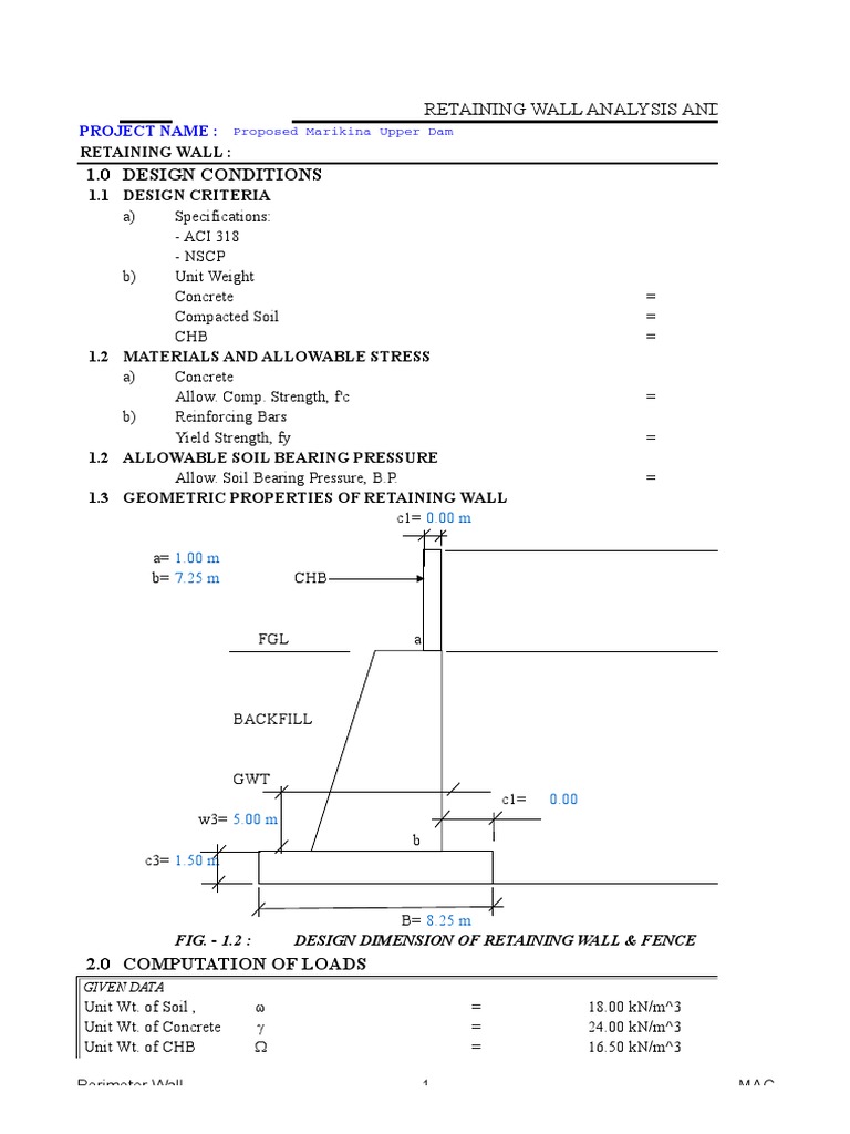 1.0 Design Conditions: Retaining Wall: 1.1 Design Criteria | PDF | Wall ...