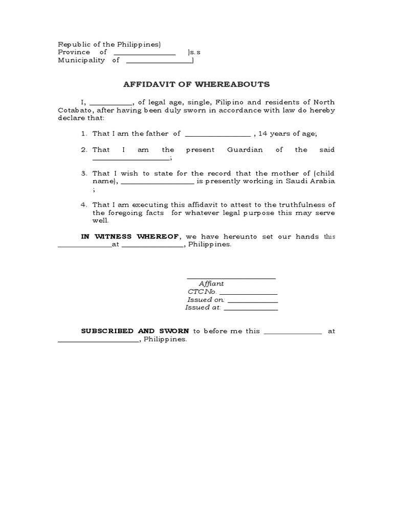 Affidavit of Whereabouts Template | PDF | Finance & Money Management