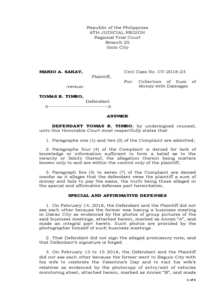 Defendant's Answer in Civil Case CV-2018-23 | PDF | Lawsuit | Public Law