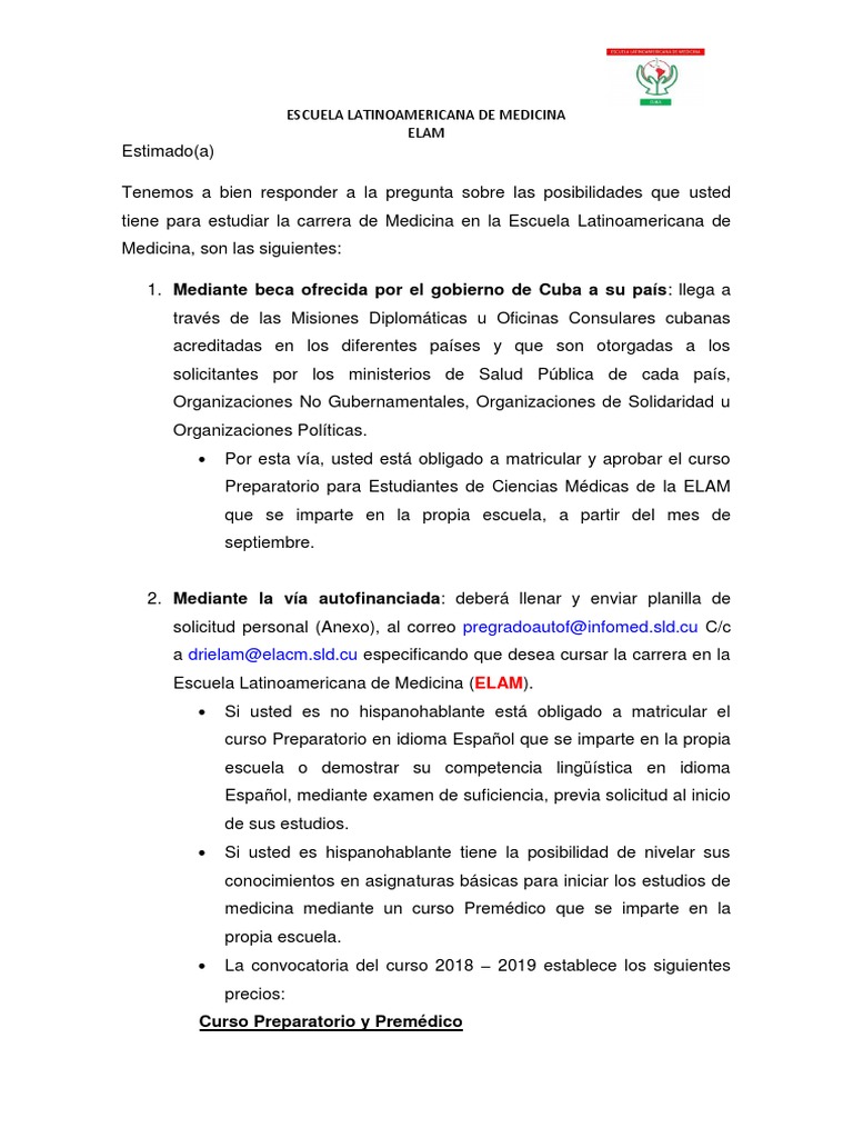 Solicitud de La Carrera ELAM OJO Importante | PDF | Cuba | Medicina