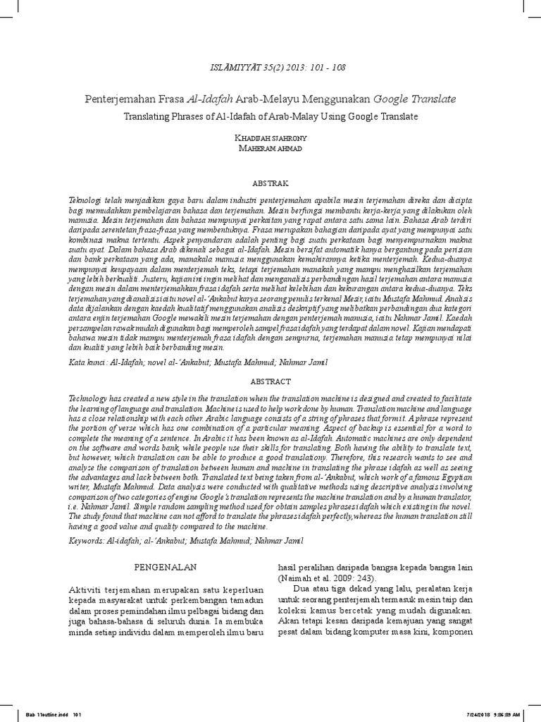 Penterjemahan Frasa Al Idafah Arab Melayu Menggunakan Google Translate Translating Phrases Of Al Idafah Of Arab Malay Using Google Translate Pdf