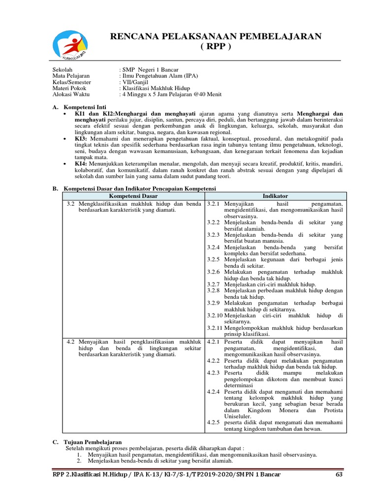 Rpp 2 Ipa K13 Kelas 7 Semester 1 Bab 2 Klasifikasi Makhluk Hidup