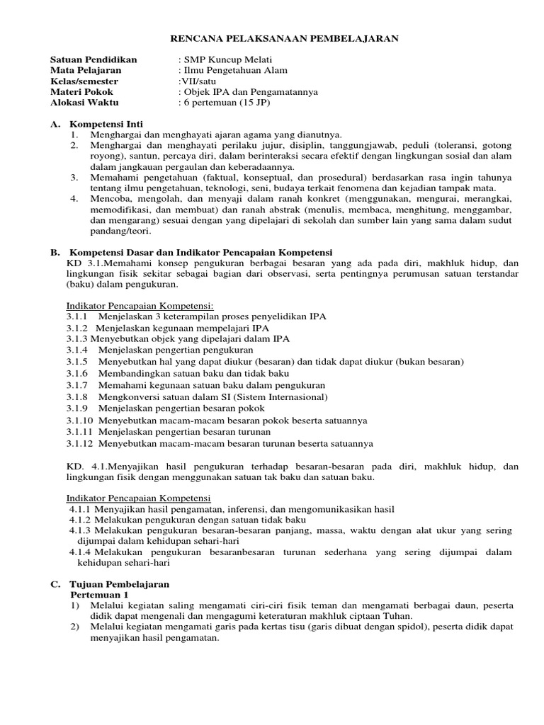 Rpp Ipa Kelas Vii Kd 3 1 Docx