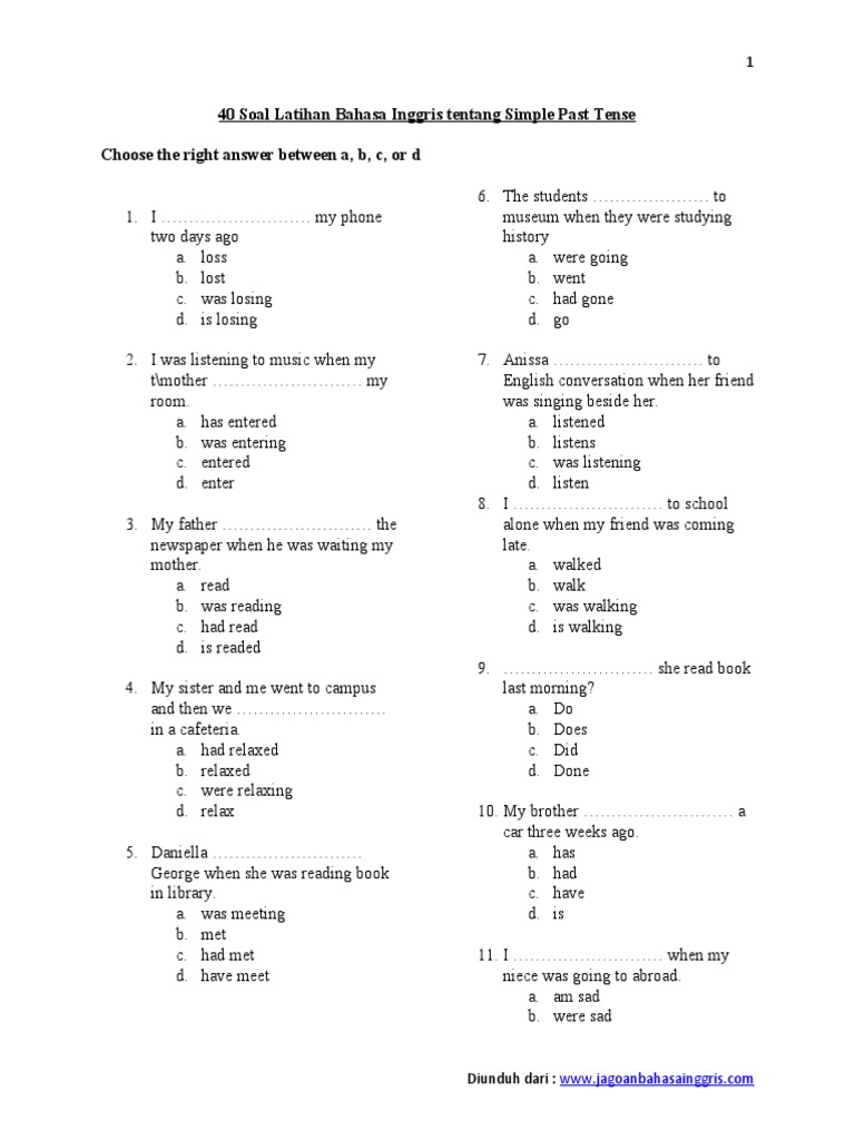 Soal Latihan Bahasa Inggris Tentang Simple Past Tense