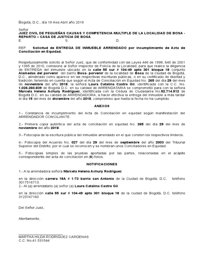 Formato Solicitud Entrega de Inmueble Arrendado (1) Bogotá Política