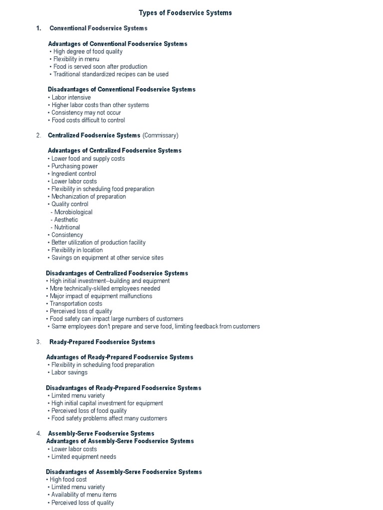 Types of Foodservice Systems Explained | PDF | Wellness