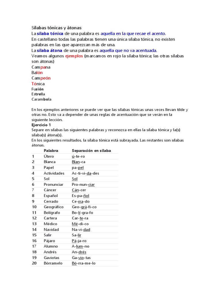 Taller Silabas Tónicas y Átonas | PDF | Fonética | Tipología Lingüística