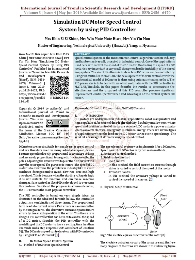 Simulation Dc Motor Speed Control System By Using Pid Controller Pdf