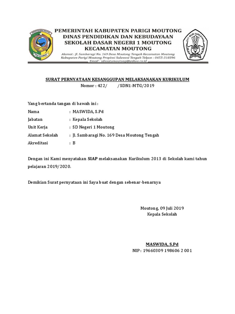 Contoh Surat Pernyataan Kesanggupan Akreditasi Sekolah