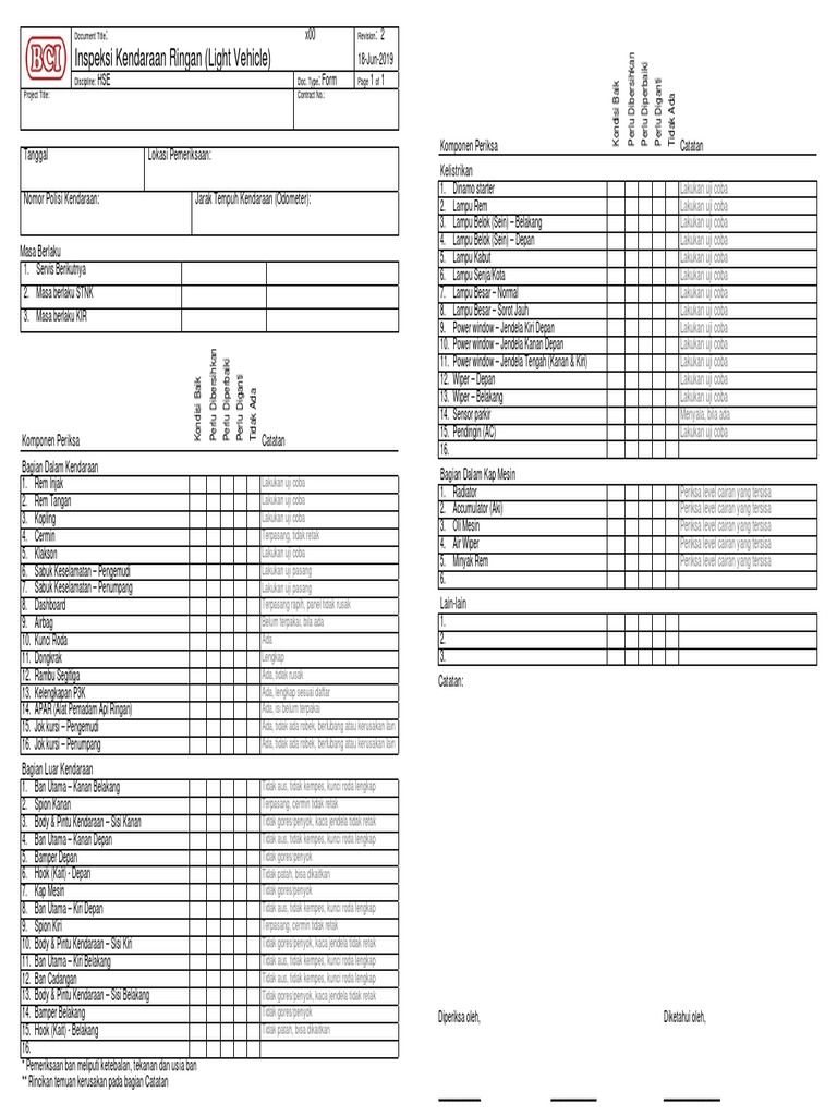 Form Checklist Inspeksi Kendaraan | PDF