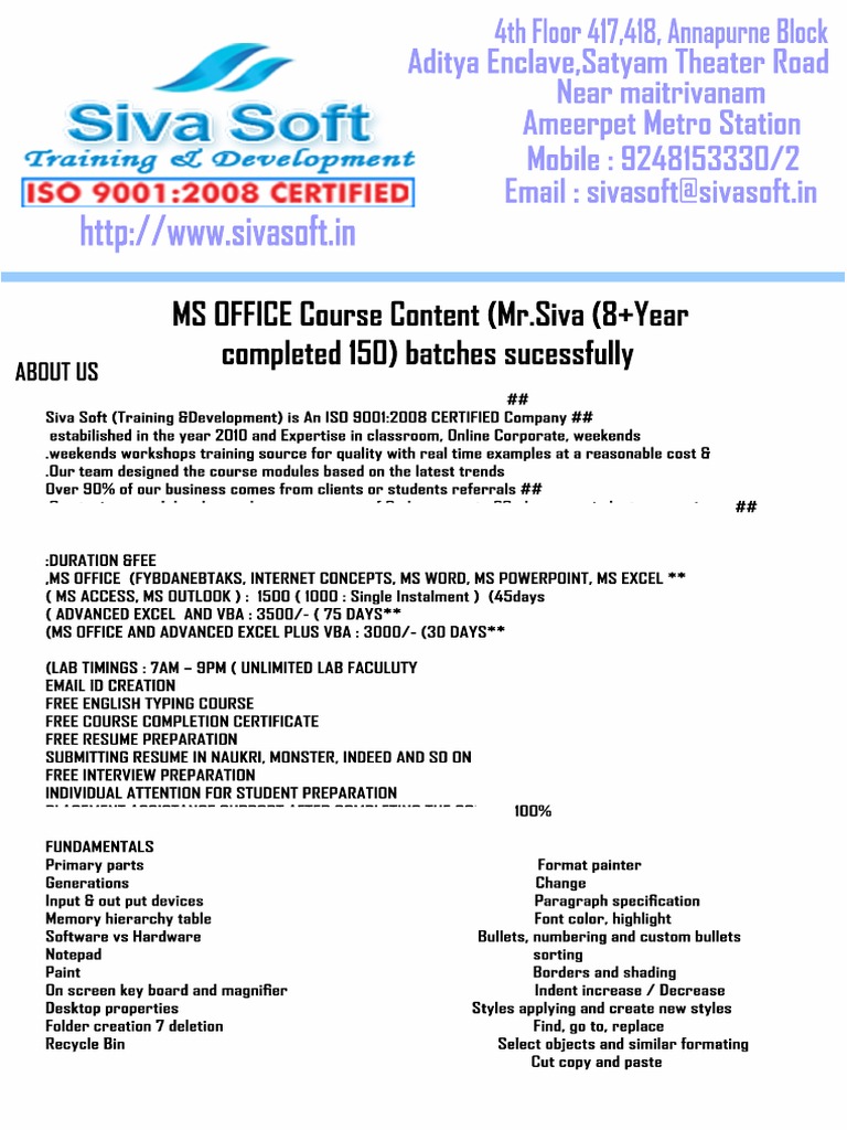 MS Office Course Details and Fees | PDF