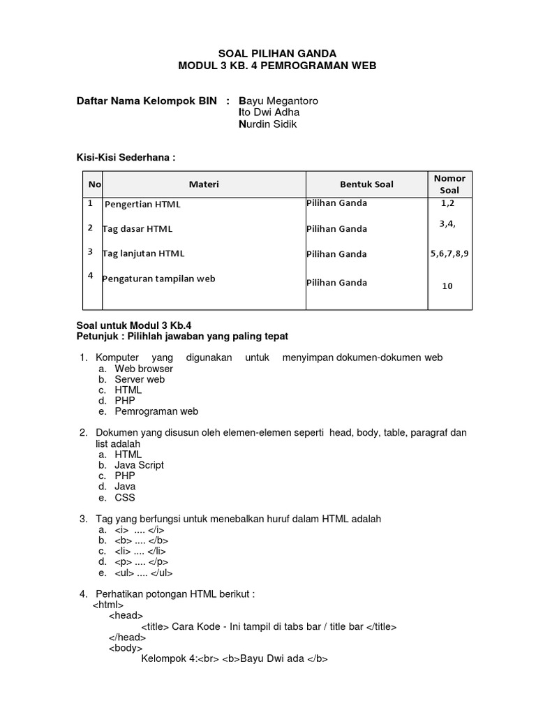 Soal Pilihan Ganda Pemrograman Web | PDF