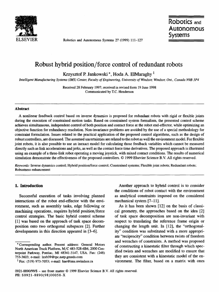 Robust Hybrid Positionforce Control of Redundant Robots 1999 | PDF ...