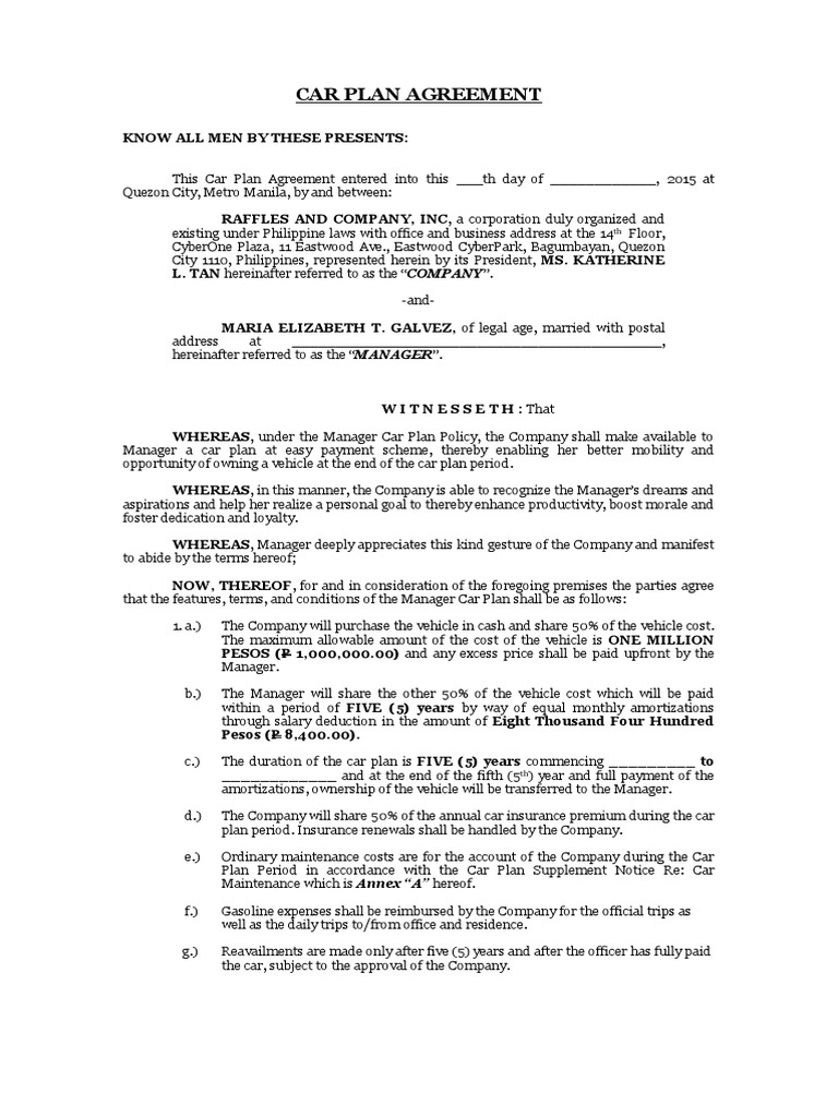 Car Plan Agreement PDF Car Amortization (Business)
