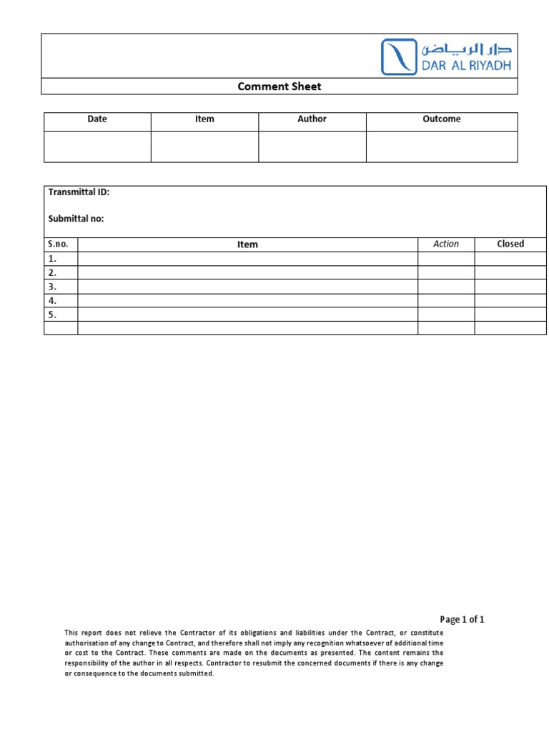 Comment Sheet for Contractor Review | PDF