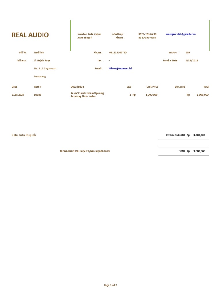 Invoice for Sound System Rental at Samsung Store Opening in Kudus ...