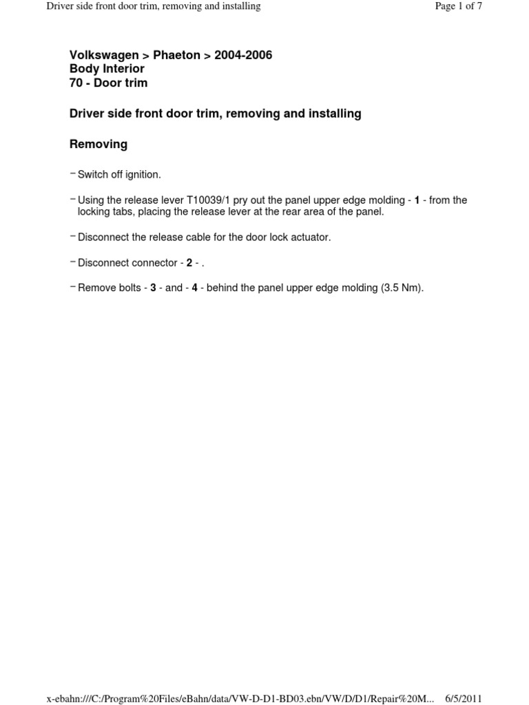 Driver Door Panel Removal VW Phaeton PDF