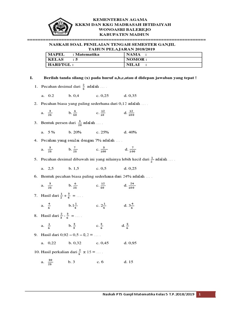 Soal Uts Matematika Kelas 5 Pdf