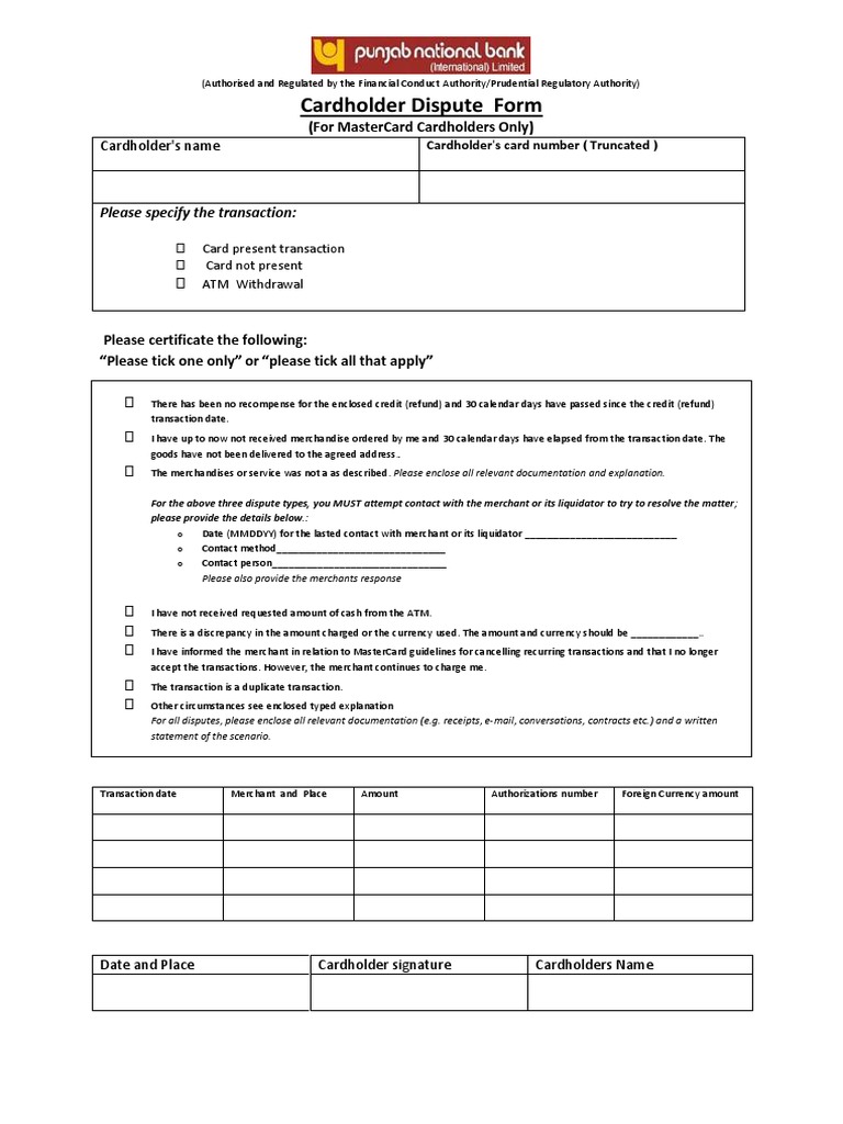 Cardholder Dispute Form PDF Master Card Financial Transaction