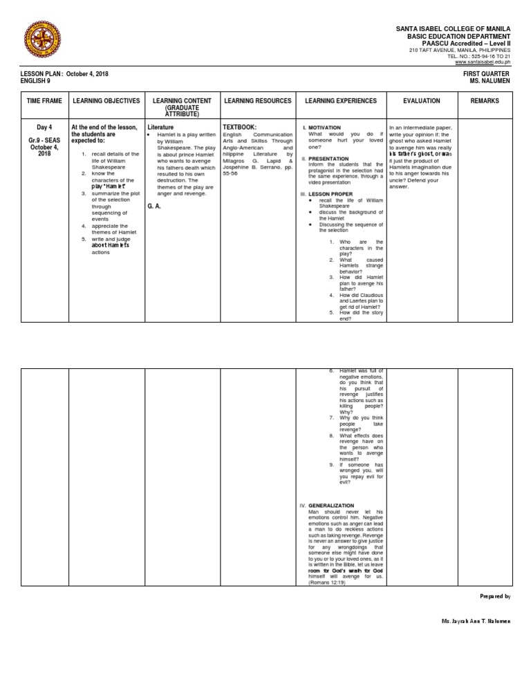 Understanding Shakespeare's Hamlet A Lesson Plan on the Play's