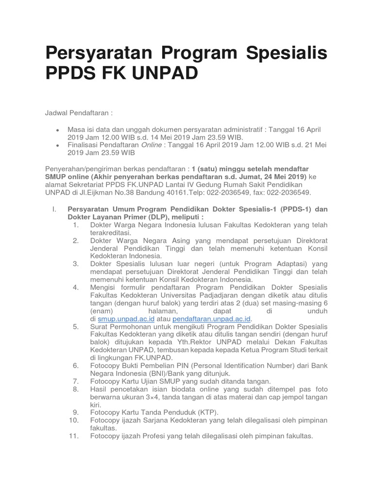 Persyaratan Program Spesialis Ppds Fk Unpad