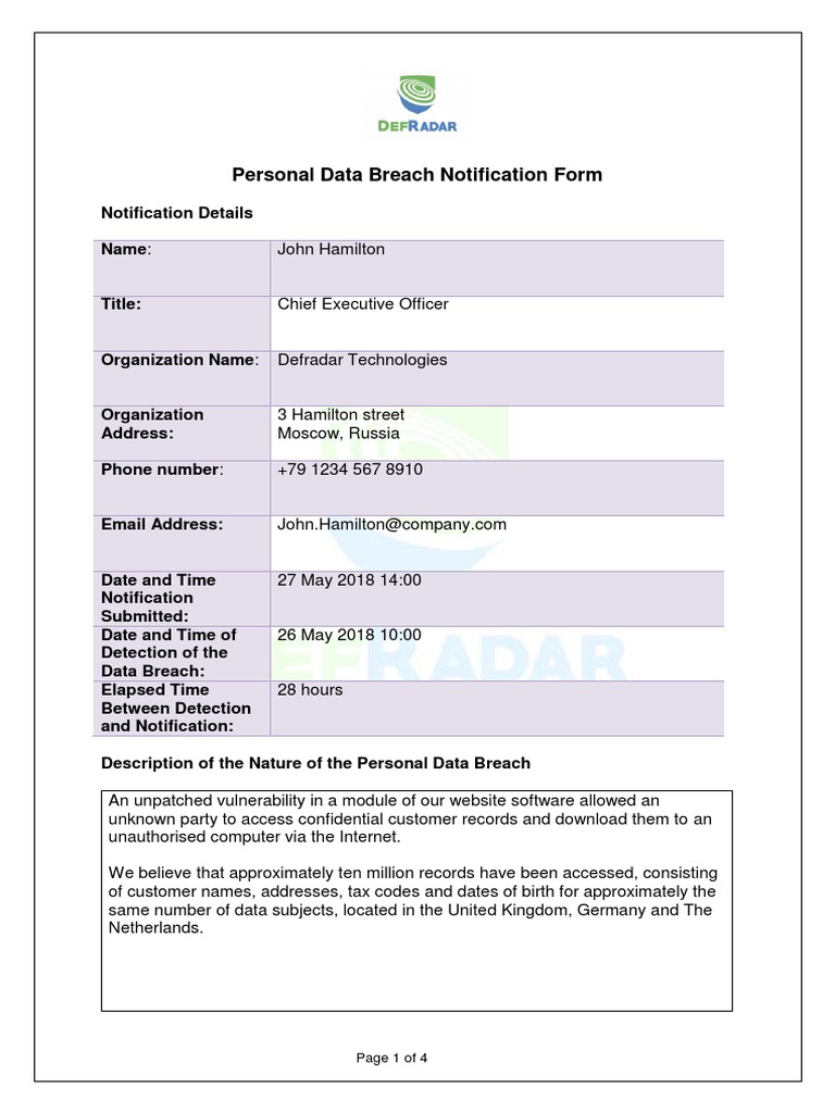 7.11 - Defradar - GDPR - EXAMPLE Personal Data Breach Notification Form ...