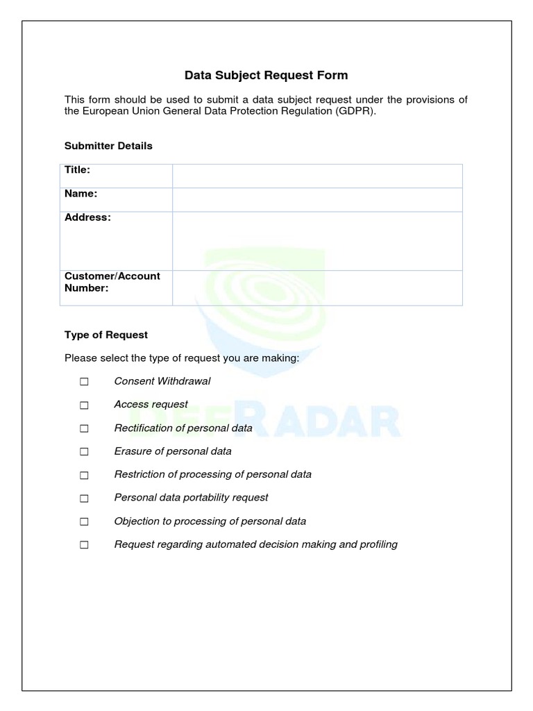 Defradar - Data Subject Request Form | PDF