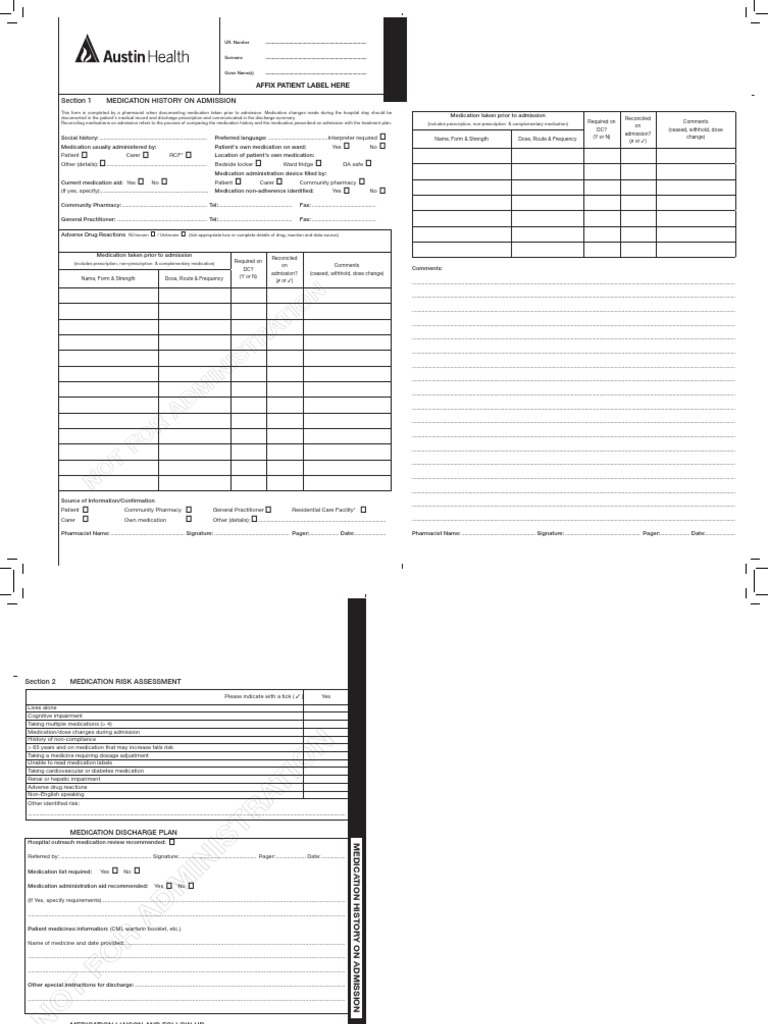 Affix Patient Label Here Section 1 Medication History On Admission ...