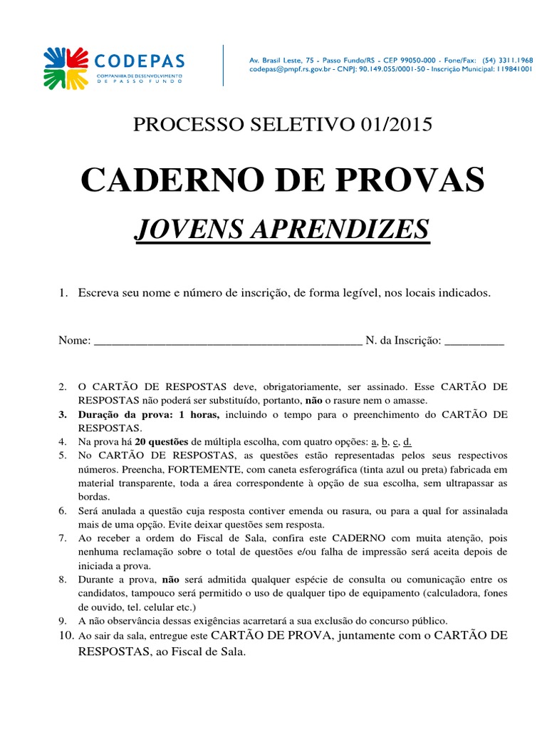 Prova Com Gabarito Jovem Aprendiz | Rituais | Dente