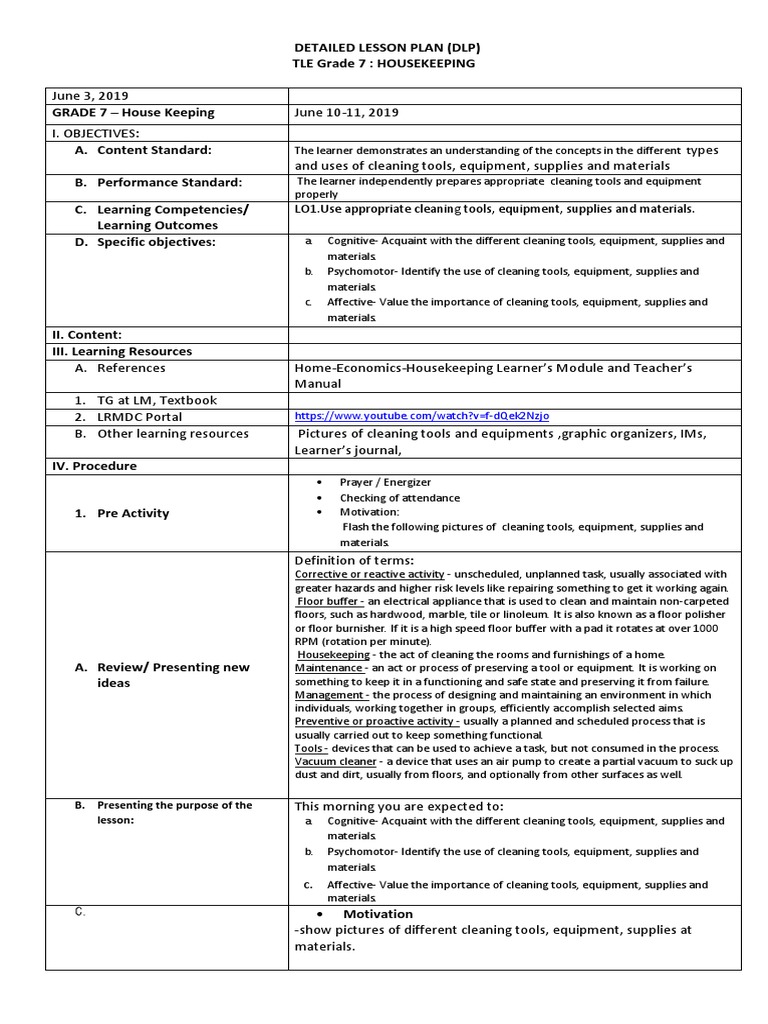 LO1.Use Appropriate Cleaning Tools, Equipment, Supplies and Materials PDF Housekeeping