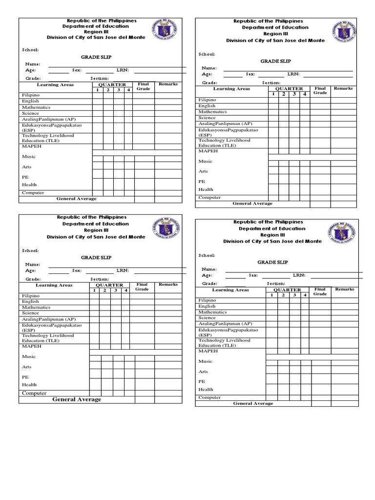 Revised Grade Slip Format Science Learning