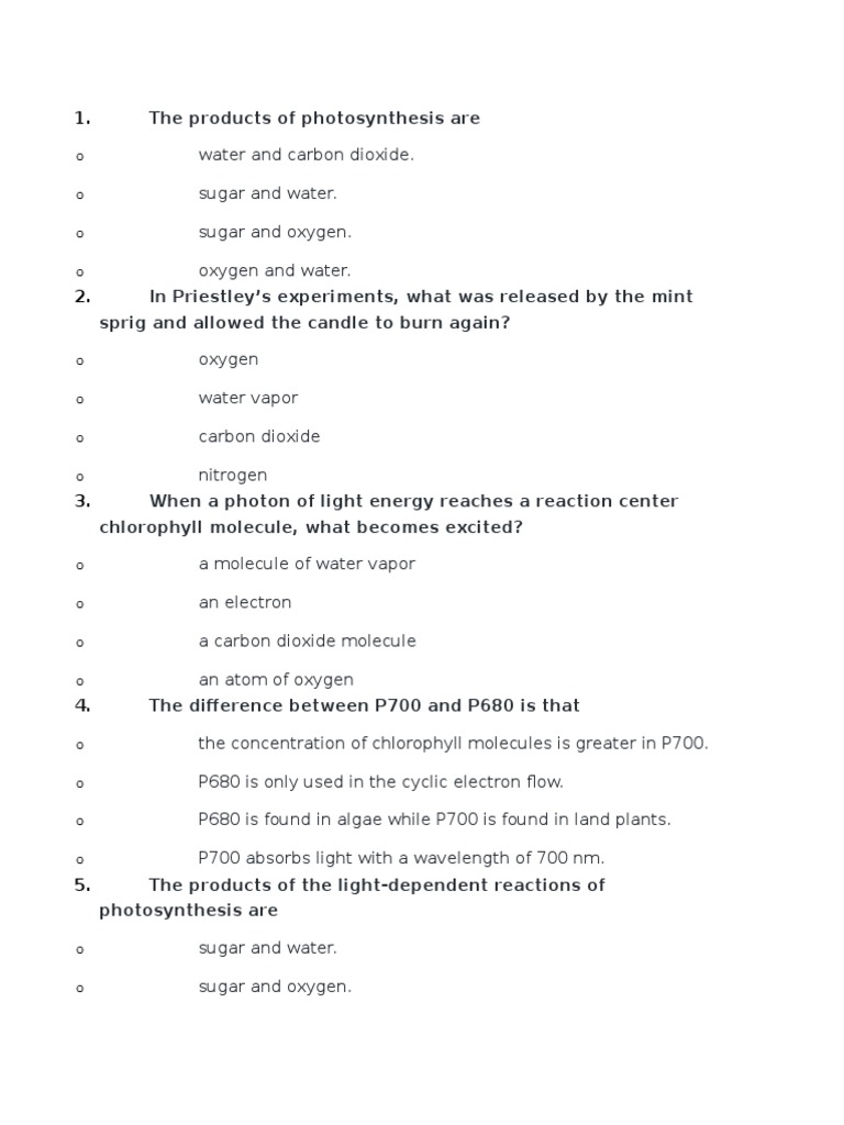 Photosynthesis Quiz | PDF | Photosynthesis | Chlorophyll