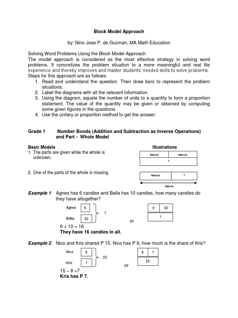 block model approach in problem solving worksheets
