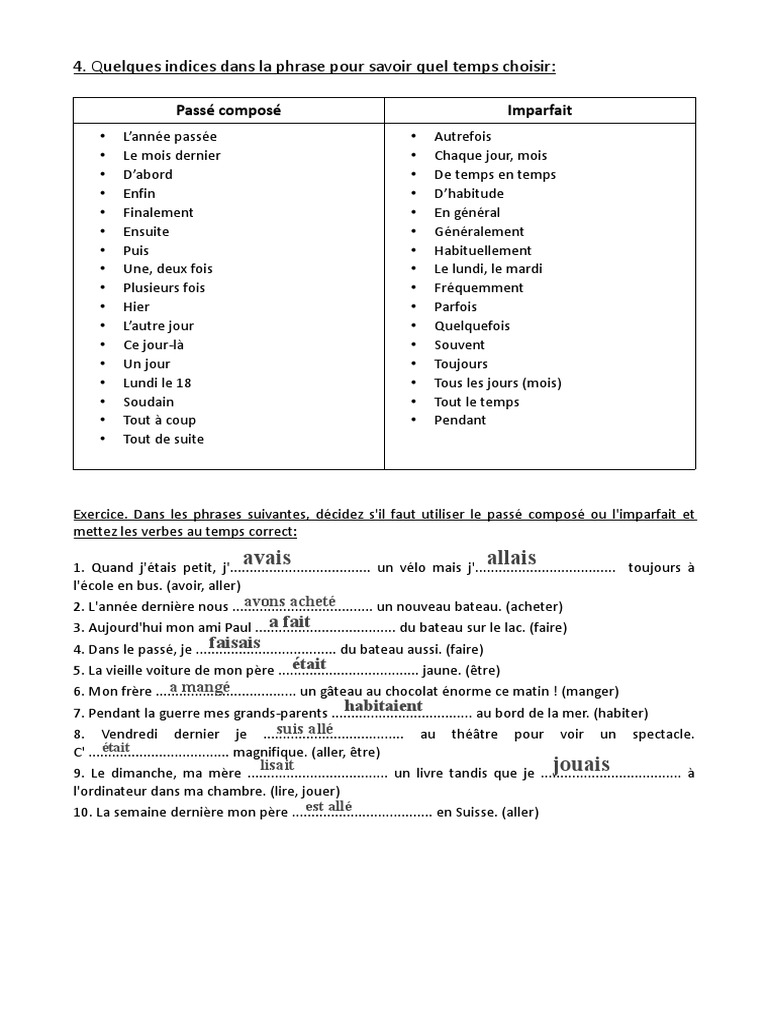 Exercices Passé Composé : Cm1 à Imprimer Passe Compose Et Imparfait | PDF