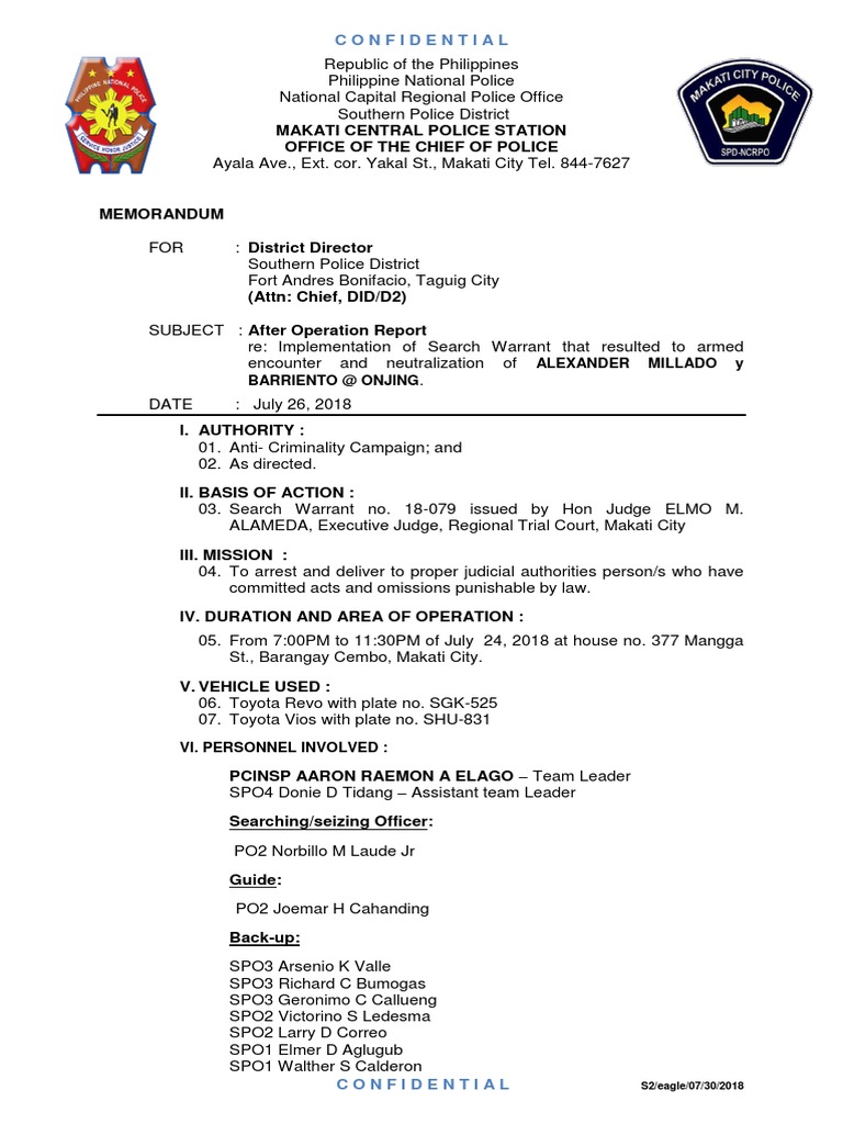 After Operation Report: Armed Encounter | PDF | Search Warrant | Law ...
