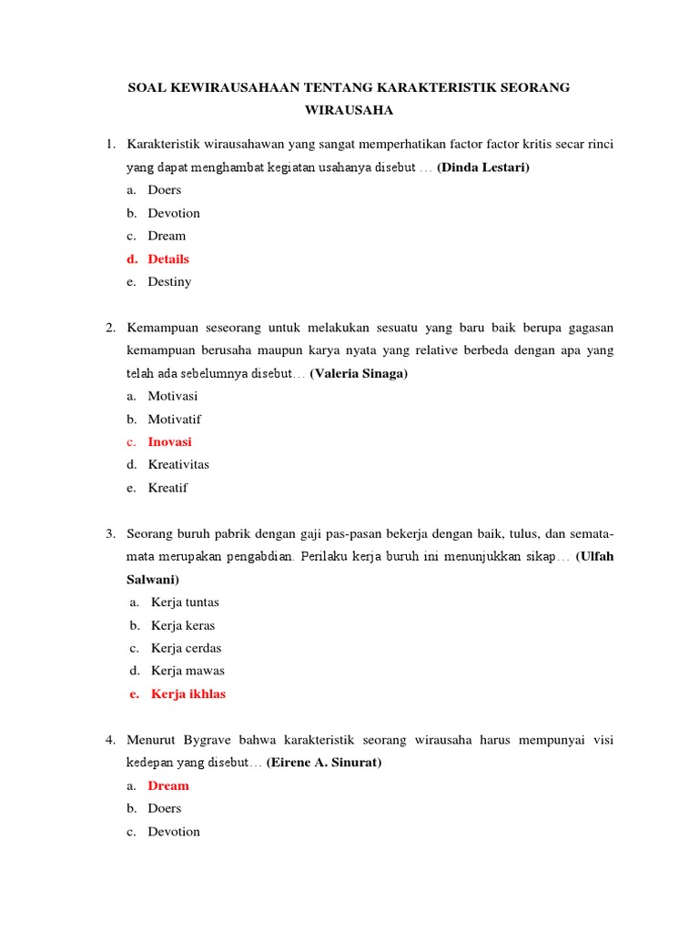 Soal Kewirausahaan Tentang Karakteristik Seorang Wirausaha