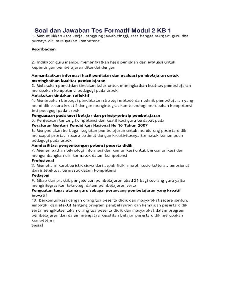 Soal Dan Jawaban Tes Formatif Modul 2 Kb 1 M3 Kb1 Docx