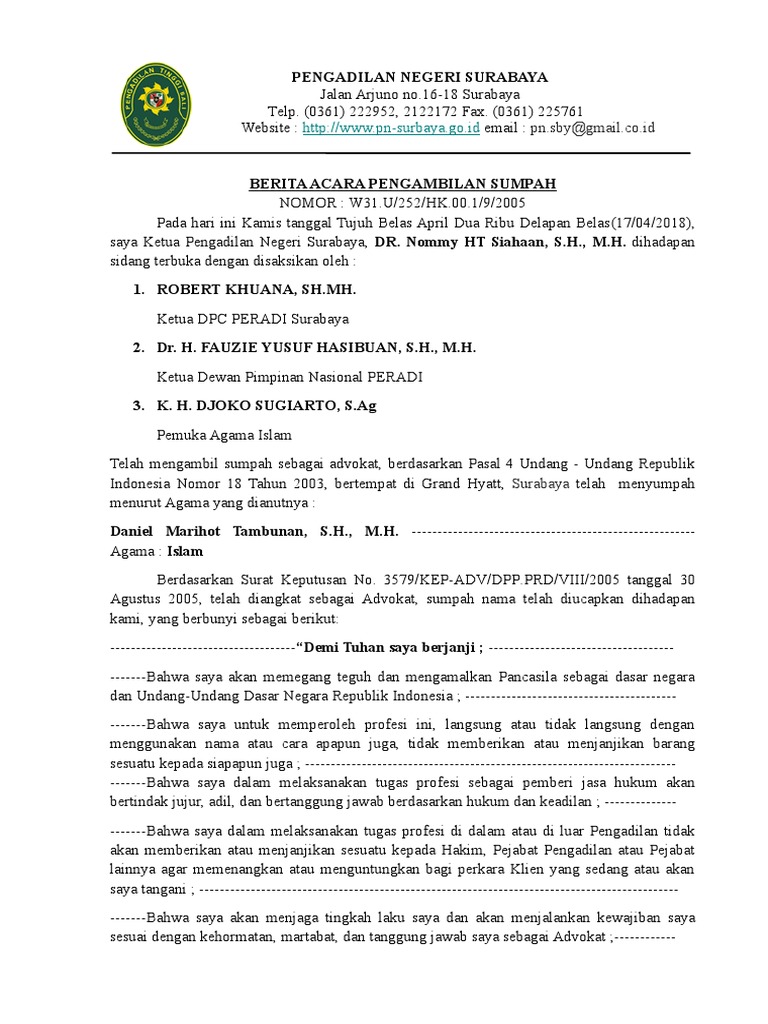 Berita Acara Sumpah Advokat Daniel