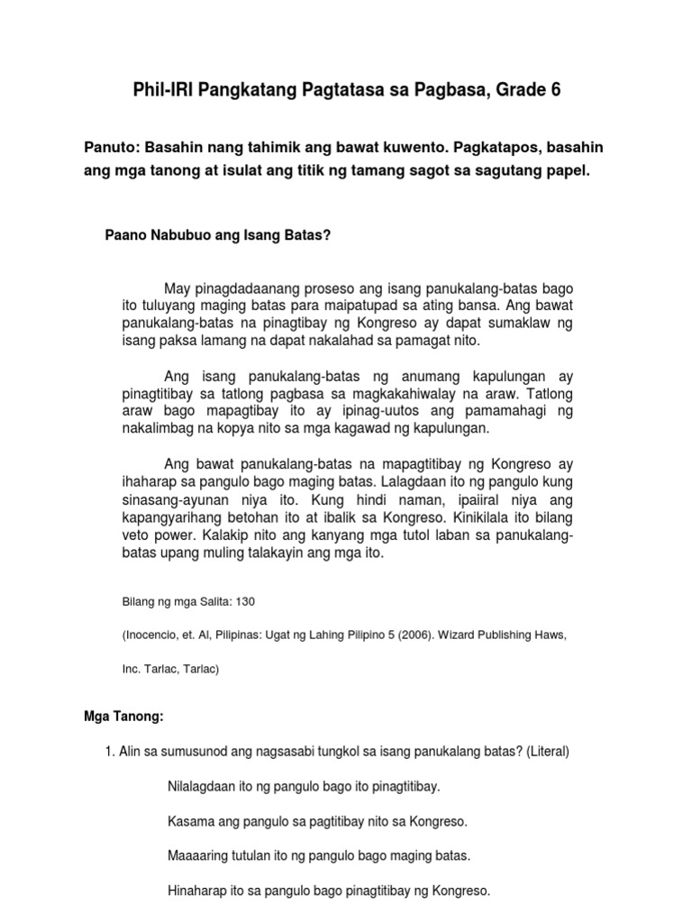 GRADE 6 PHIL IRI FILIPINOPhil | PDF