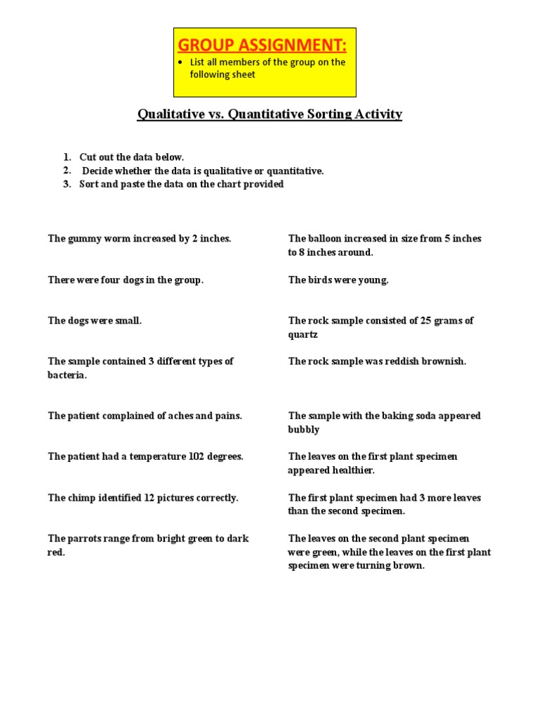 Qualitative and Quantitative Data Group Worksheet  PDF With Regard To Qualitative Vs Quantitative Worksheet