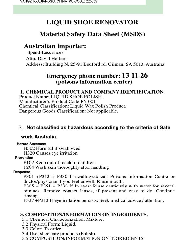 MSDS Liquid Shoe Polish PDF Toxicity Water