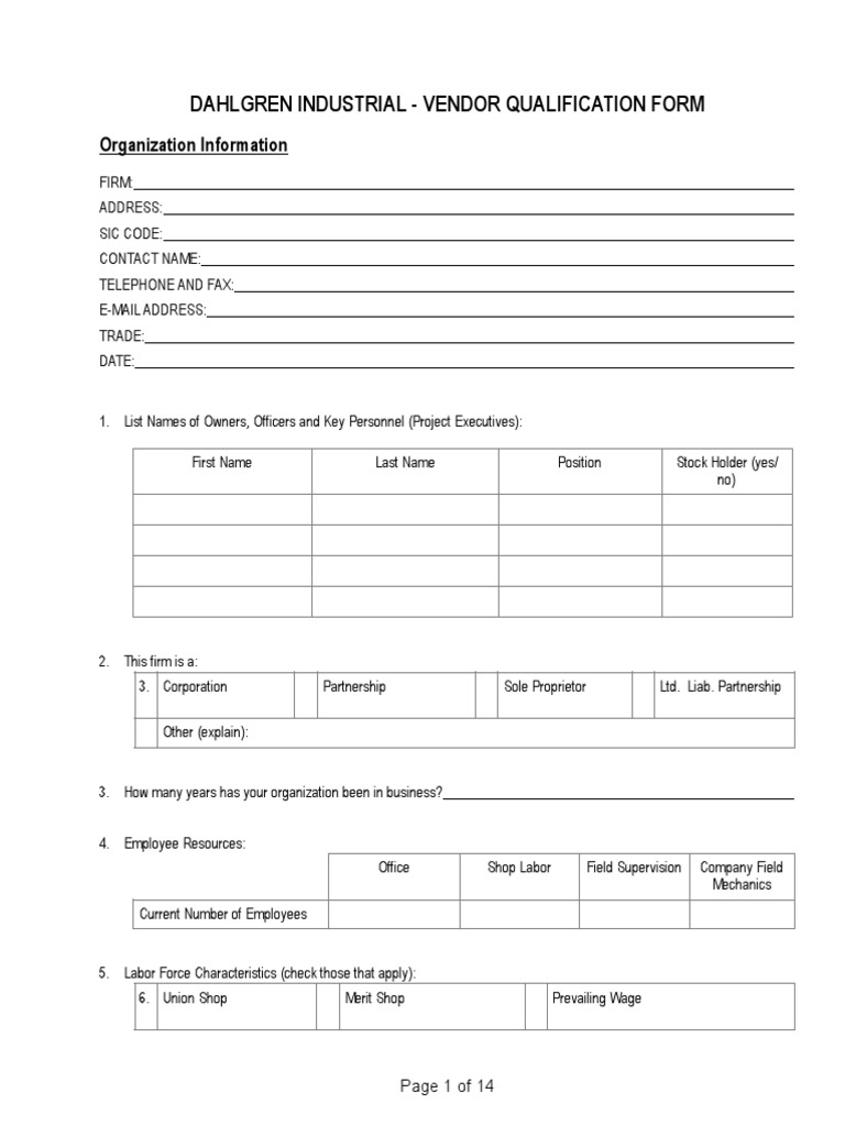Dahlgren Industrial Vendor Qualification Form PDF Occupational