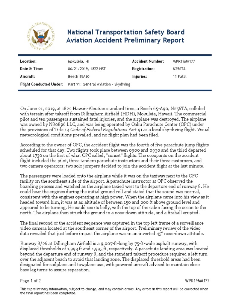 NTSB's Preliminary Report On Skydiving Plane Crash | PDF | Parachuting ...