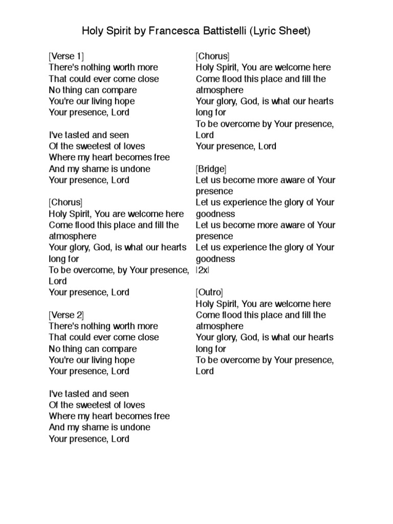 Holy Spirit by Francesca Battistelli - Lyric Sheet | PDF | Song ...