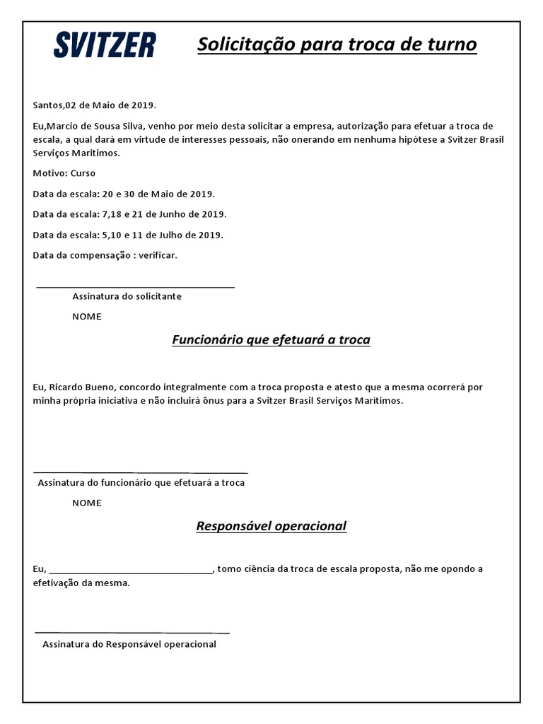 Solicitação de Troca de Turno de Trabalho | PDF