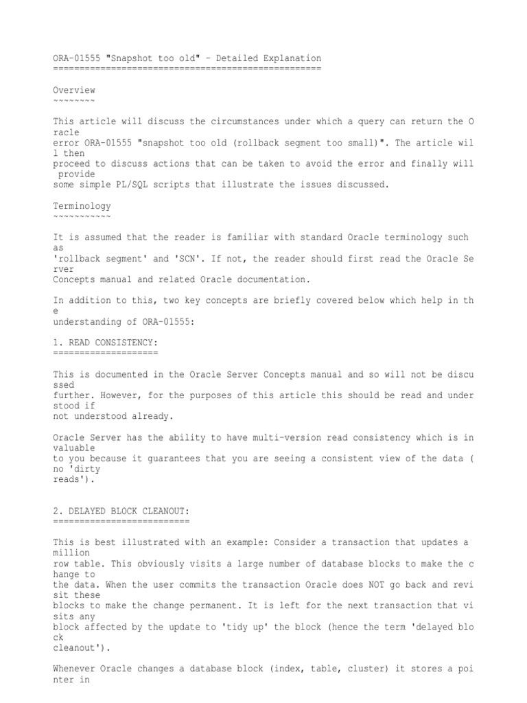 ORA01555 Snapshot Too Old PDF Database Transaction Oracle Database