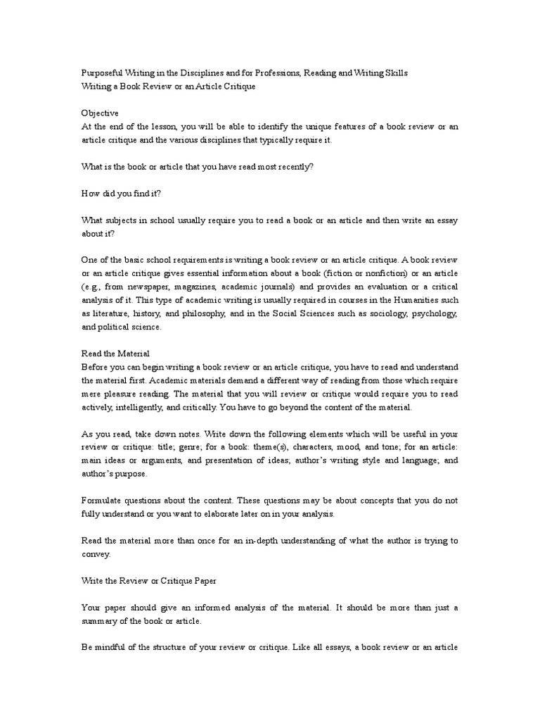 RW Writing A Book Review or An Article Critique  PDF  Critique