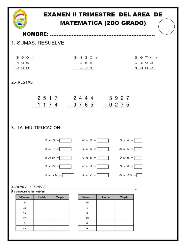 Examen Ii Trimestre Del Area de Matematica (2do Grado) : NOMBRE | PDF |  Fracción (Matemáticas) | Notación Matemática, image size:768x1024