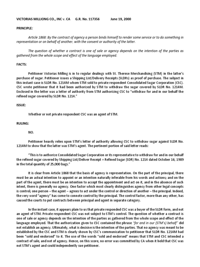 Victorias Milling v. CA G.R. No. 117356 PDF Private Law Common Law